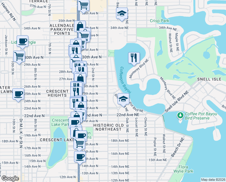 map of restaurants, bars, coffee shops, grocery stores, and more near 135 25th Avenue Northeast in St. Petersburg
