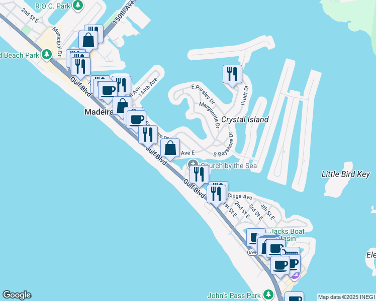 map of restaurants, bars, coffee shops, grocery stores, and more near 200 140th Avenue East in Madeira Beach