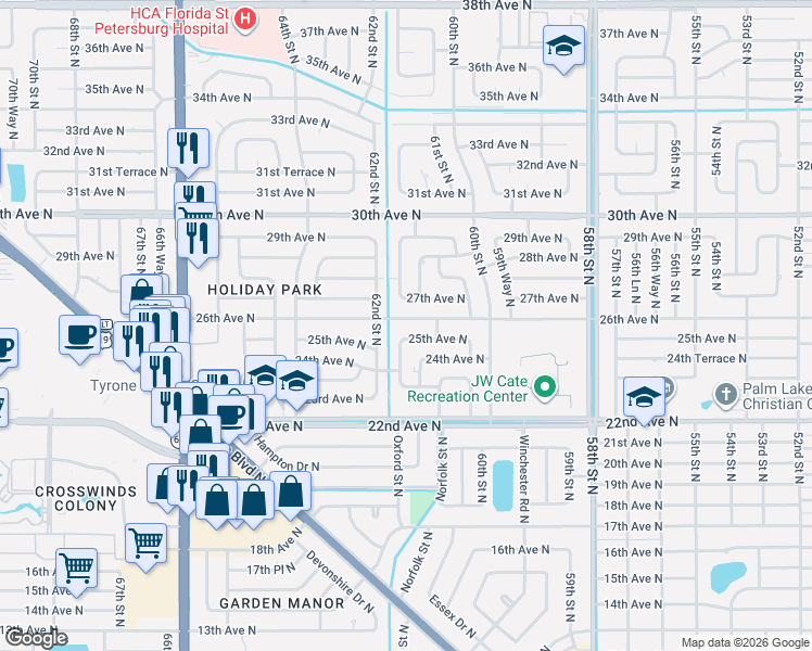 map of restaurants, bars, coffee shops, grocery stores, and more near 6141 25th Avenue North in St. Petersburg