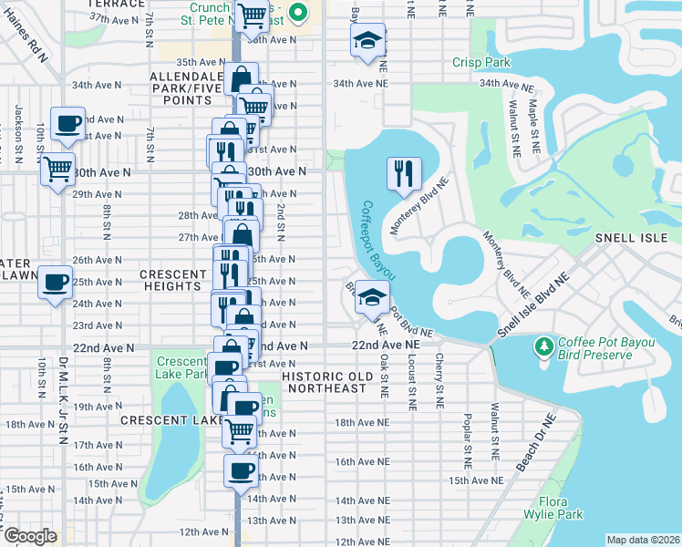 map of restaurants, bars, coffee shops, grocery stores, and more near 135 25th Avenue Northeast in Saint Petersburg