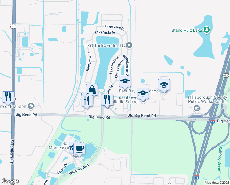 map of restaurants, bars, coffee shops, grocery stores, and more near 13020 Kings Lake Drive in Gibsonton