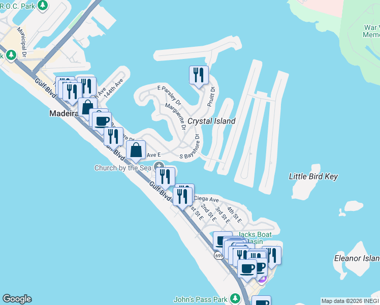 map of restaurants, bars, coffee shops, grocery stores, and more near 480 South Bayshore Drive in Madeira Beach
