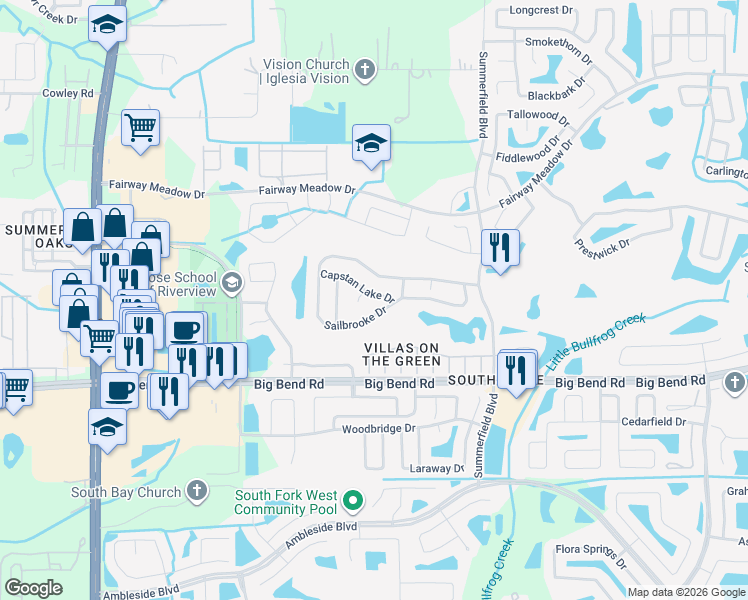 map of restaurants, bars, coffee shops, grocery stores, and more near 10907 Sailbrooke Drive in Riverview