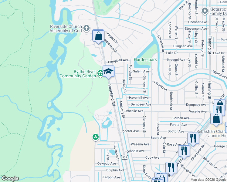 map of restaurants, bars, coffee shops, grocery stores, and more near 619 Roseland Road in Sebastian