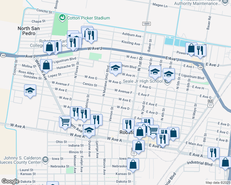 map of restaurants, bars, coffee shops, grocery stores, and more near 128 West Avenue F in Robstown