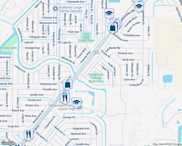 map of restaurants, bars, coffee shops, grocery stores, and more near 461 Del Monte Road in Sebastian