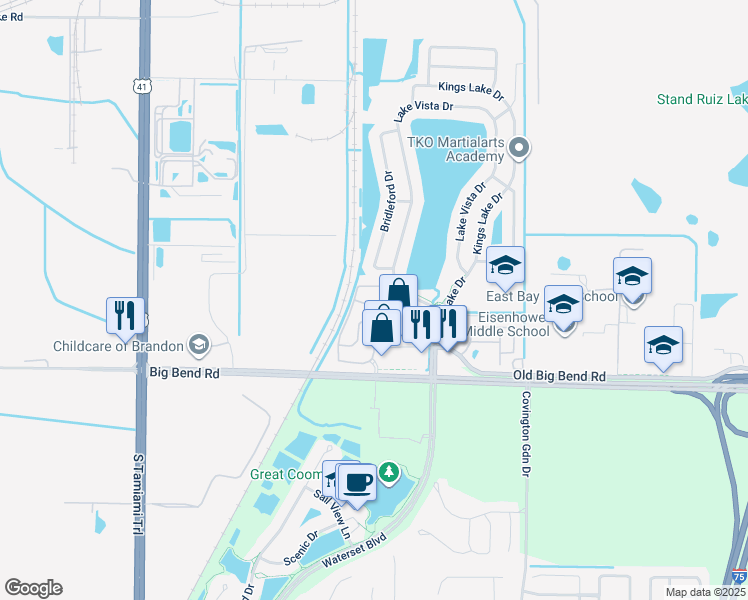 map of restaurants, bars, coffee shops, grocery stores, and more near 12511 Kings Crossing Drive in Gibsonton