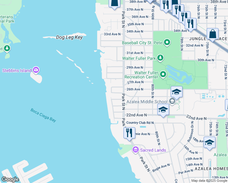 map of restaurants, bars, coffee shops, grocery stores, and more near 8250 25th Avenue North in St. Petersburg