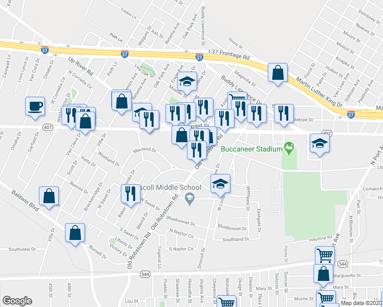 map of restaurants, bars, coffee shops, grocery stores, and more near 3645 Up River Road in Corpus Christi