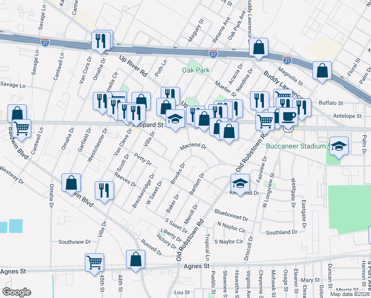 map of restaurants, bars, coffee shops, grocery stores, and more near 444 Macleod Drive in Corpus Christi