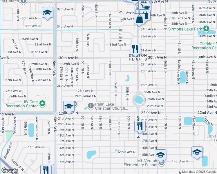map of restaurants, bars, coffee shops, grocery stores, and more near 2561 52nd Street North in St. Petersburg