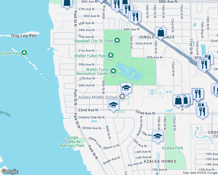 map of restaurants, bars, coffee shops, grocery stores, and more near 7961 25th Avenue North in St. Petersburg