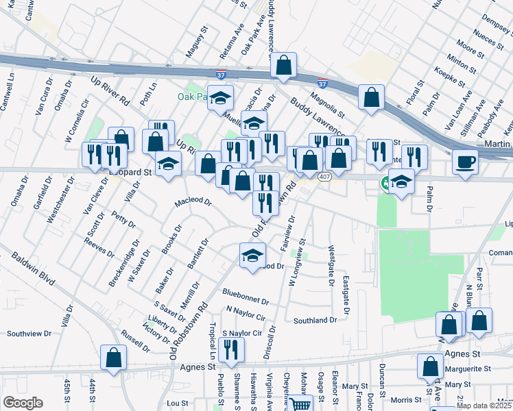 map of restaurants, bars, coffee shops, grocery stores, and more near 3645 Up River Road in Corpus Christi