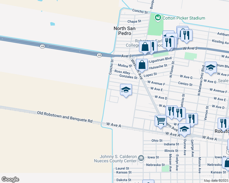 map of restaurants, bars, coffee shops, grocery stores, and more near 852 West Avenue D in Robstown