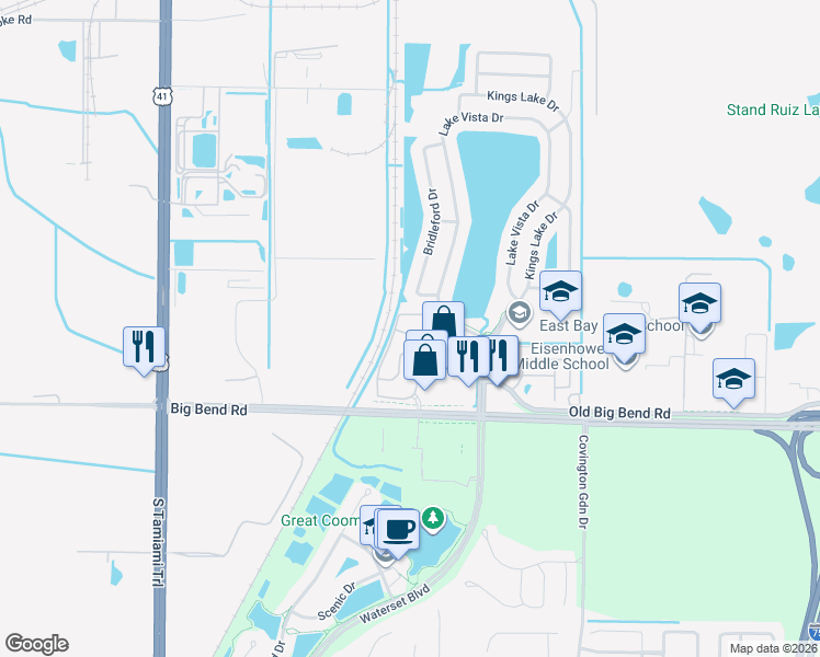 map of restaurants, bars, coffee shops, grocery stores, and more near 12511 Kings Crossing Drive in Gibsonton