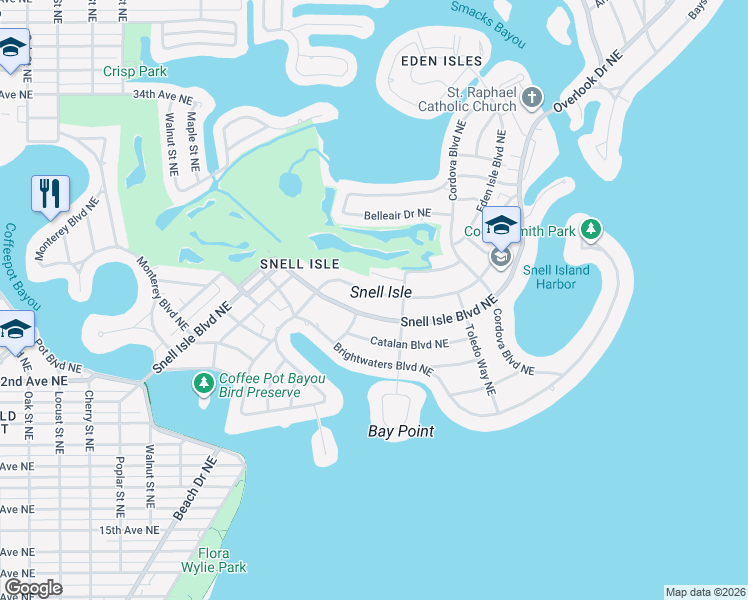 map of restaurants, bars, coffee shops, grocery stores, and more near 319 Rafael Boulevard Northeast in St. Petersburg