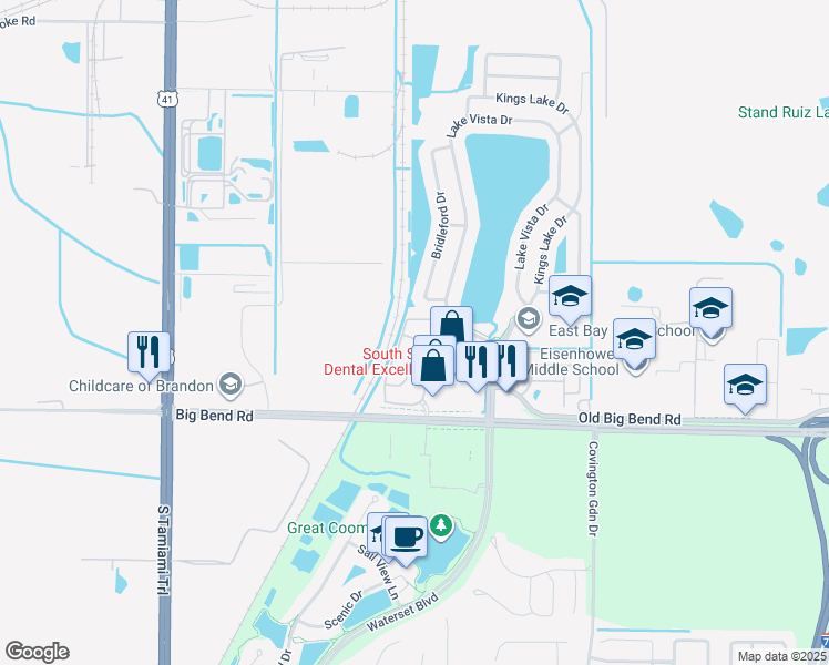 map of restaurants, bars, coffee shops, grocery stores, and more near 12859 Kings Crossing Drive in Gibsonton