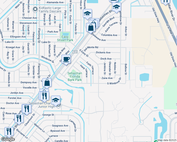 map of restaurants, bars, coffee shops, grocery stores, and more near 285 Harp Terrace in Sebastian