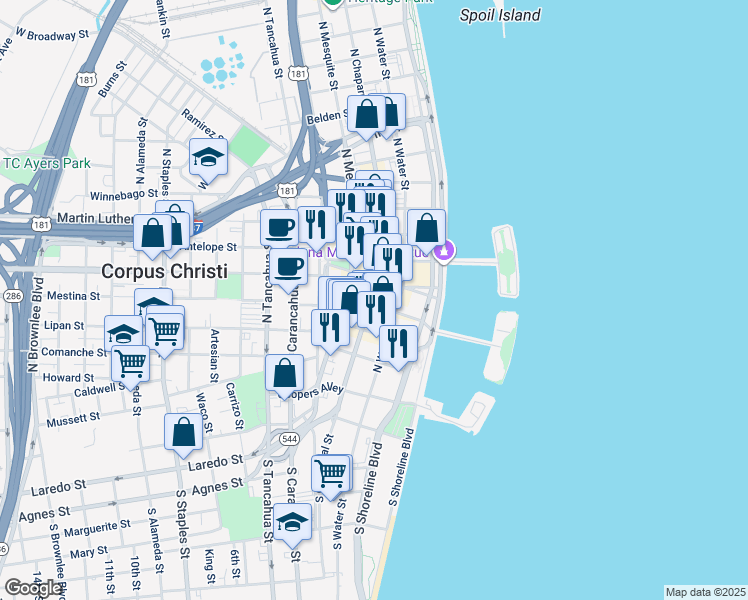 map of restaurants, bars, coffee shops, grocery stores, and more near 339 North Water Street in Corpus Christi