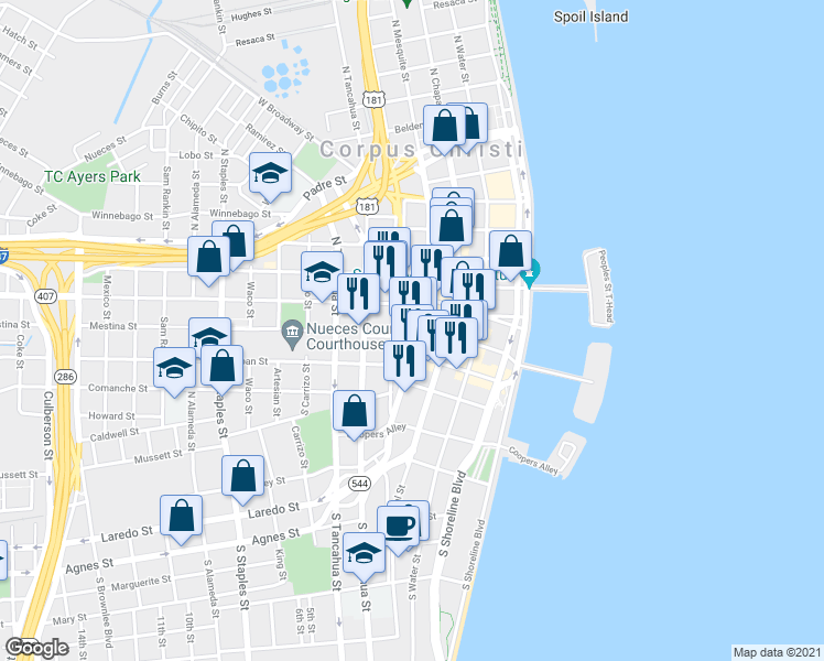 map of restaurants, bars, coffee shops, grocery stores, and more near 314 North Mesquite Street in Corpus Christi