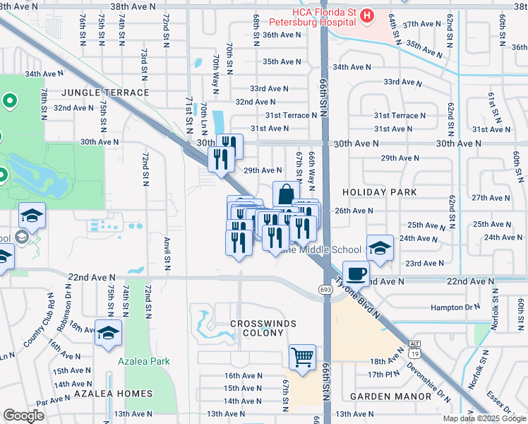 map of restaurants, bars, coffee shops, grocery stores, and more near Tyrone Boulevard North in Saint Petersburg