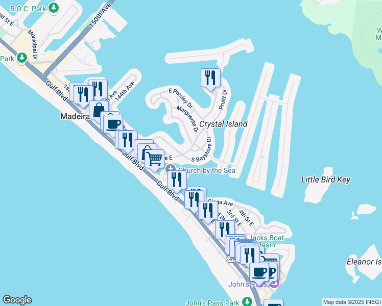 map of restaurants, bars, coffee shops, grocery stores, and more near 411 Virginia Avenue in Madeira Beach