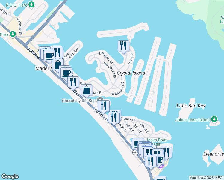 map of restaurants, bars, coffee shops, grocery stores, and more near 460 South Bayshore Drive in Madeira Beach