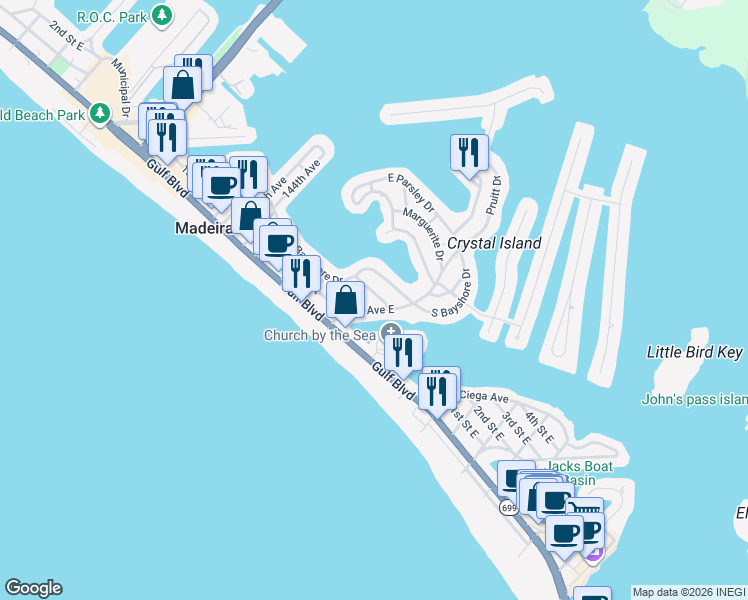 map of restaurants, bars, coffee shops, grocery stores, and more near 200 140th Avenue East in Madeira Beach