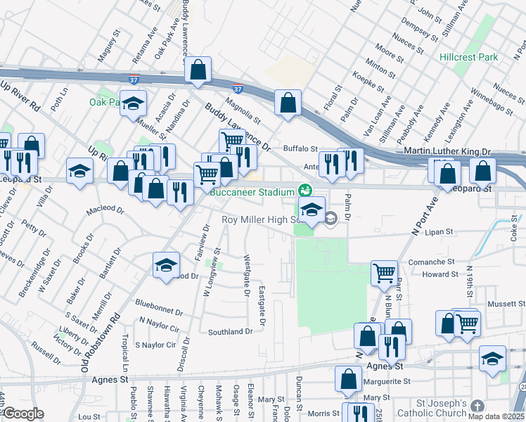 map of restaurants, bars, coffee shops, grocery stores, and more near 1 Battlin Buc Boulevard in Corpus Christi