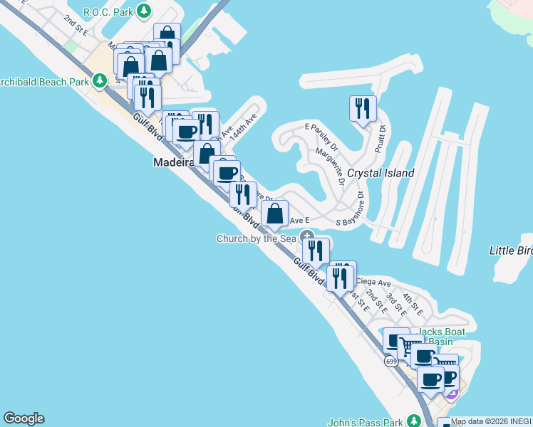 map of restaurants, bars, coffee shops, grocery stores, and more near 14023 Palm Street in Madeira Beach