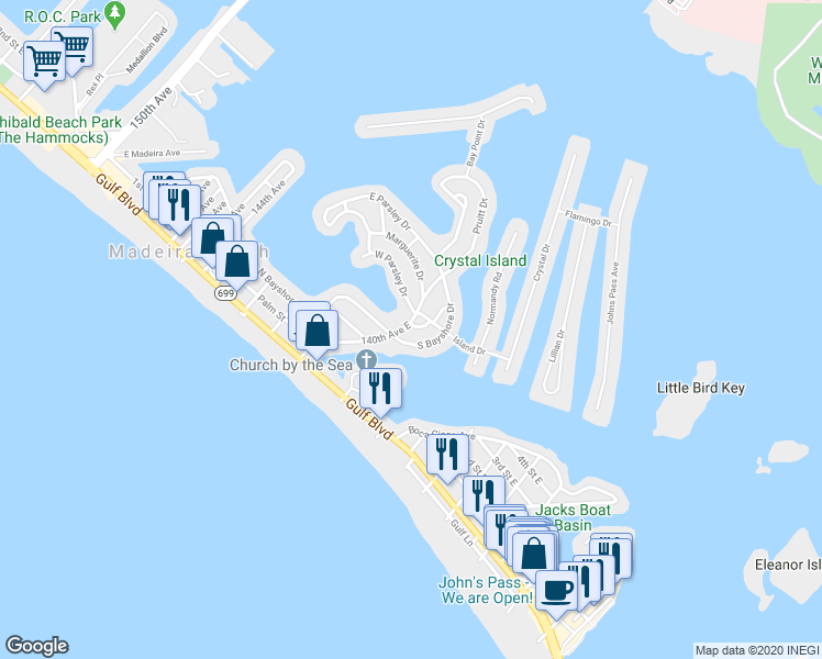 map of restaurants, bars, coffee shops, grocery stores, and more near 411 Virginia Avenue in Madeira Beach