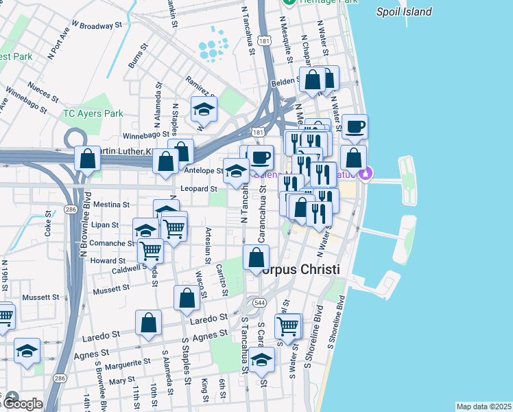 map of restaurants, bars, coffee shops, grocery stores, and more near 555 North Carancahua Street in Corpus Christi