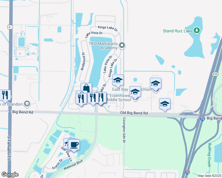 map of restaurants, bars, coffee shops, grocery stores, and more near 13020 Kings Lake Drive in Gibsonton