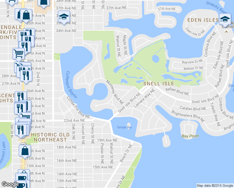 map of restaurants, bars, coffee shops, grocery stores, and more near 501 Coffee Pot Riviera Northeast in St. Petersburg