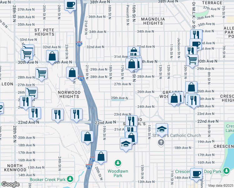 map of restaurants, bars, coffee shops, grocery stores, and more near 1729 25th Avenue North in St. Petersburg