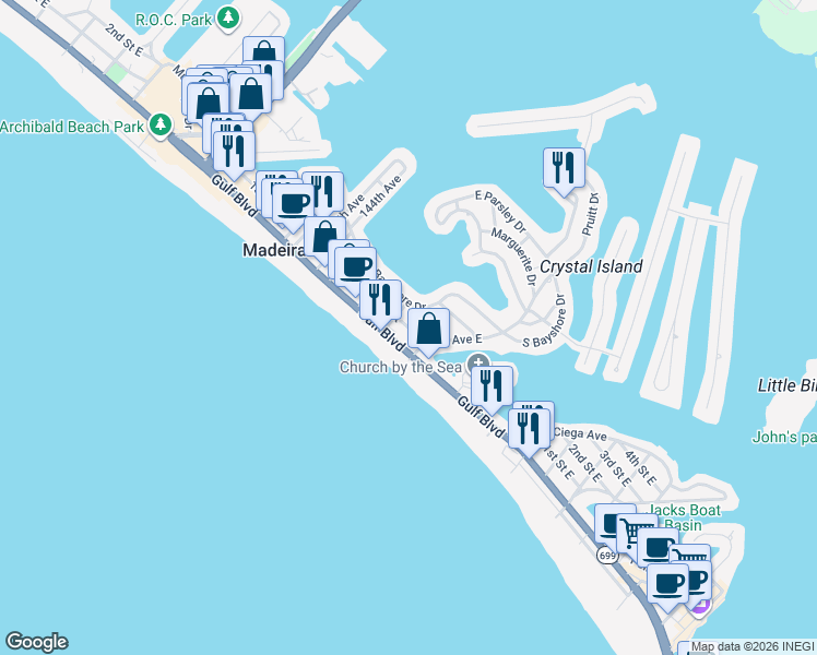 map of restaurants, bars, coffee shops, grocery stores, and more near in Madeira Beach