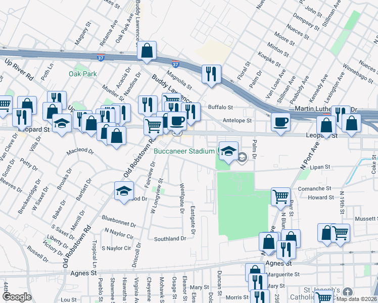map of restaurants, bars, coffee shops, grocery stores, and more near 3302 Up River Road in Corpus Christi