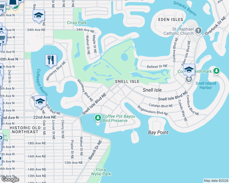map of restaurants, bars, coffee shops, grocery stores, and more near 401 Snell Isle Boulevard Northeast in St. Petersburg