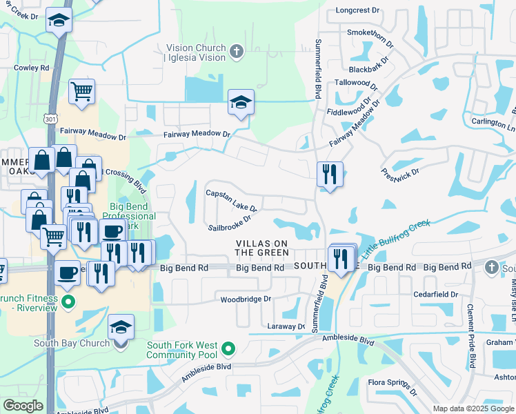 map of restaurants, bars, coffee shops, grocery stores, and more near 10809 Sailbrooke Drive in Riverview