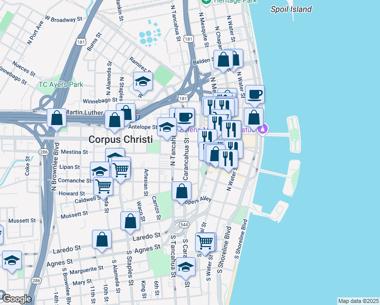 map of restaurants, bars, coffee shops, grocery stores, and more near 606 North Carancahua Street in Corpus Christi