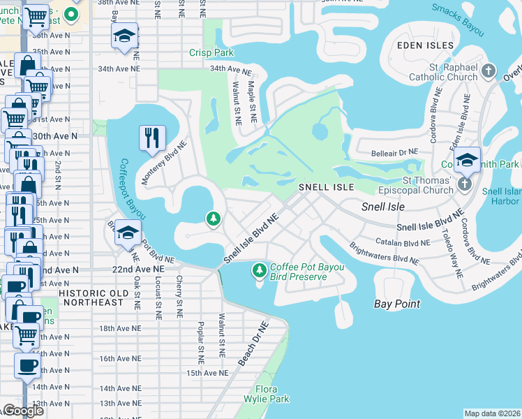 map of restaurants, bars, coffee shops, grocery stores, and more near 245 Mateo Way Northeast in St. Petersburg