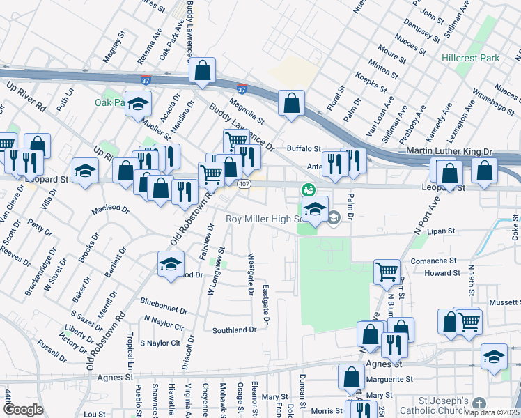 map of restaurants, bars, coffee shops, grocery stores, and more near 3302 Up River Road in Corpus Christi