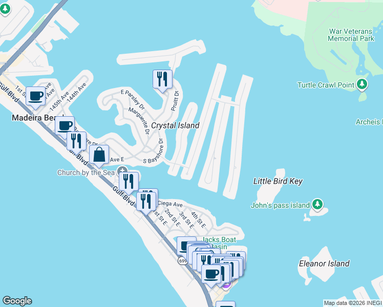 map of restaurants, bars, coffee shops, grocery stores, and more near 510 Crystal Drive in Madeira Beach