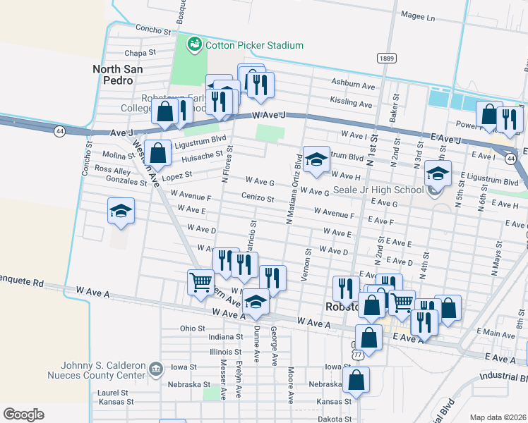 map of restaurants, bars, coffee shops, grocery stores, and more near 425 West Avenue East in Robstown