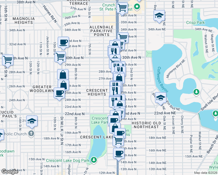 map of restaurants, bars, coffee shops, grocery stores, and more near 435 25th Avenue North in St. Petersburg