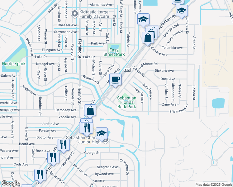map of restaurants, bars, coffee shops, grocery stores, and more near 461 Del Monte Road in Sebastian