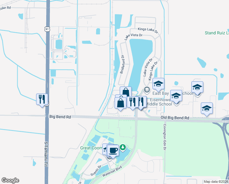 map of restaurants, bars, coffee shops, grocery stores, and more near 12911 Kings Crossing Drive in Gibsonton