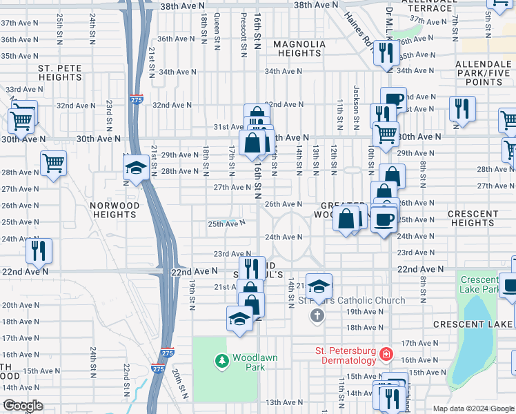 map of restaurants, bars, coffee shops, grocery stores, and more near 2584 16th Street North in St. Petersburg