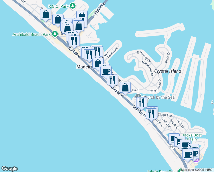 map of restaurants, bars, coffee shops, grocery stores, and more near 14146 Gulf Boulevard in Madeira Beach
