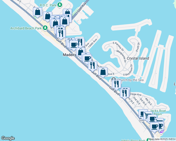 map of restaurants, bars, coffee shops, grocery stores, and more near 14146 Gulf Boulevard in Madeira Beach